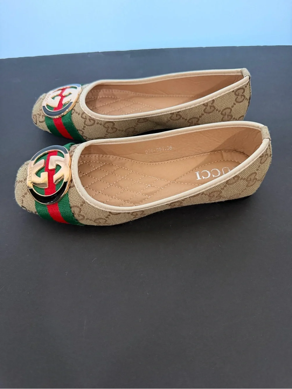Beige GG Canvas Ballet Flats with Green-Red Web and Gold Double G Accent